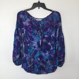 Rebecca Taylor Blouse Women Size 4 Purple Blue 100% Silk Floral Balloon Sleeve